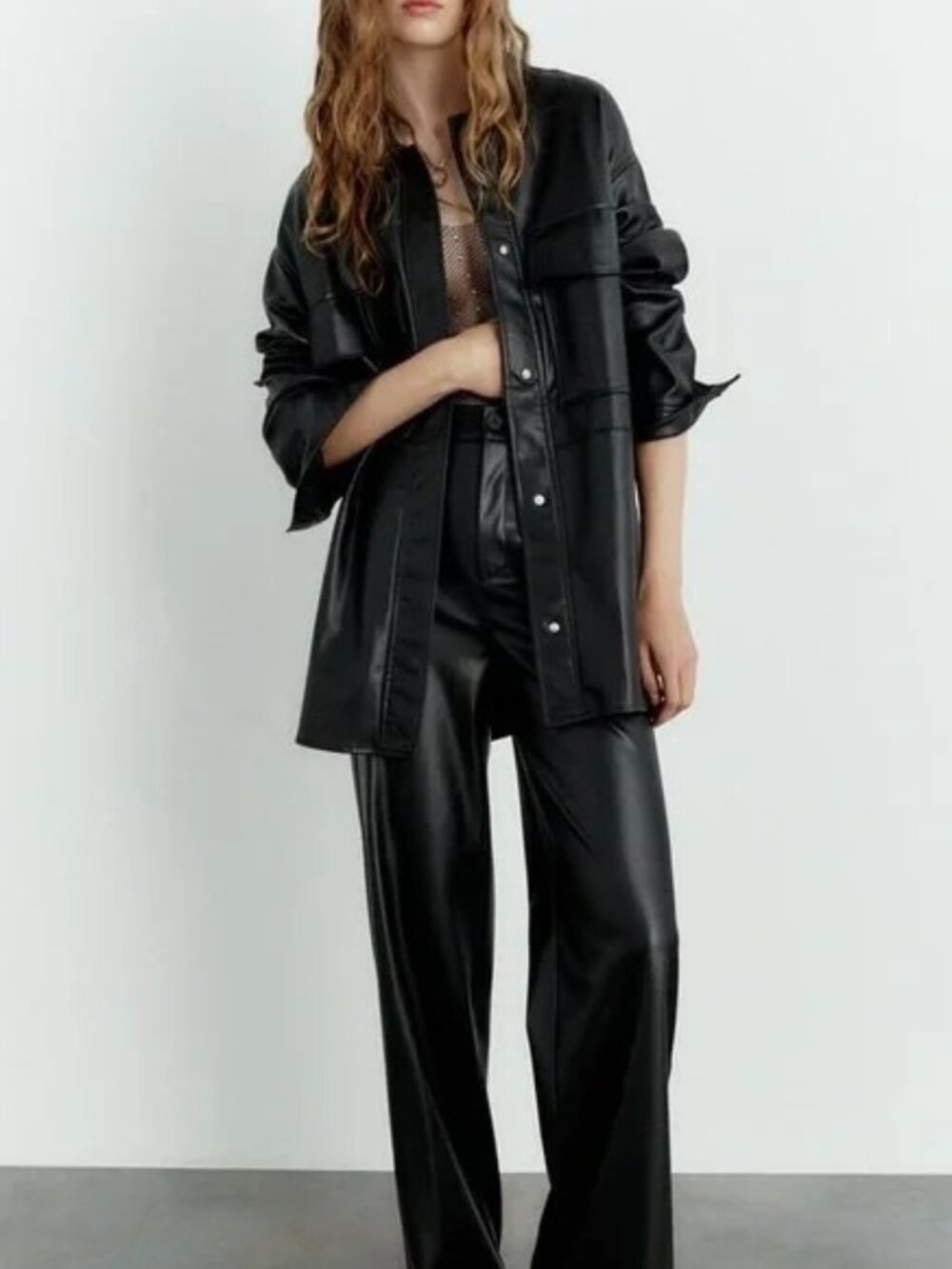 ZARA Faux Leather Shacket Jacket Oversized Button Up Closure Black Size Small